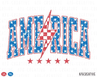 Retro America Star Lightning Checkered PNG SVG: 4th of July Sublimation (Digital Download