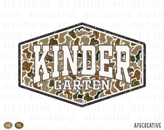 May include: A hexagonal graphic design featuring a camouflage pattern in shades of green, brown, and tan. The word KINDER is printed in large white block letters above the word GARTEN in smaller white block letters, all with a distressed texture.