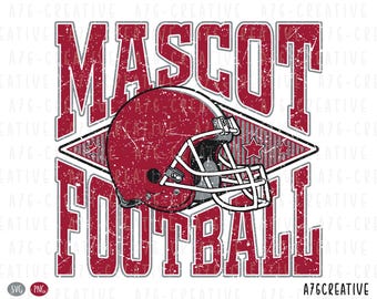 May include: A graphic design featuring a distressed red football helmet centered over a diamond shape with red and white stripes and stars. The word MASCOT is printed in large red block letters above, and FOOTBALL is printed below in the same style.