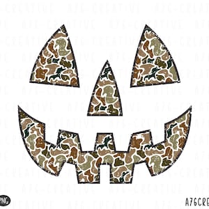 May include: A digital illustration of a jack-o'-lantern face with a camouflage pattern in shades of brown, green, and tan. The design has a distressed, vintage look, perfect for Halloween-themed crafts and decorations. The text "A76CREATIVE" is in the bottom right corner.