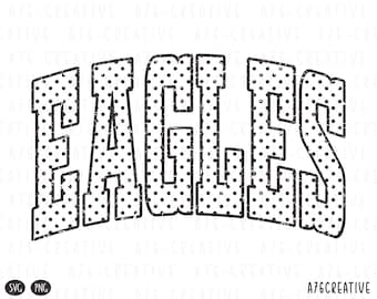 May include: Black and white graphic of the word "EAGLES" in a vintage, distressed style. The letters are filled with small black polka dots. The design includes the text "A76CREATIVE" at the bottom.