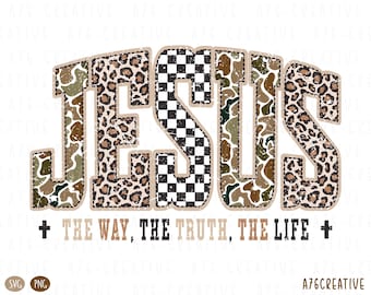 Retro Varsity Jesus The Way The Truth The Life Camo Checkered Leopard Print Design, Christmas, Easter, Vintage Jesus Sublimation (SVG & PNG)