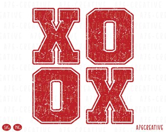 May include: A distressed red and white graphic design displaying "XO XO" in a collegiate font. The letters have a worn, textured look with white outlines. The design includes the text "A76CREATIVE" at the bottom.