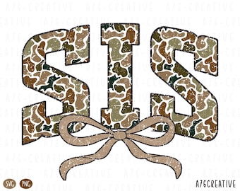 May include: A graphic design featuring the word "SIS" in a camouflage pattern, with a bow at the bottom. The letters are in shades of brown, green, and tan, with a distressed texture. The bow is a solid tan color.
