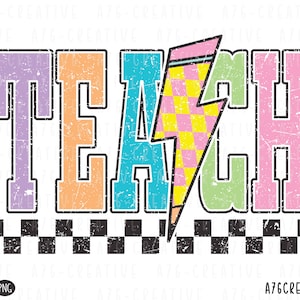 Lápis de Relâmpago Teach Checkered Png Svg, Teac Png, Teach Lightning Bolt, Lápis de Tecnologia, Lápis de Relâmpago Teach Retro Sublimação. Svg Png