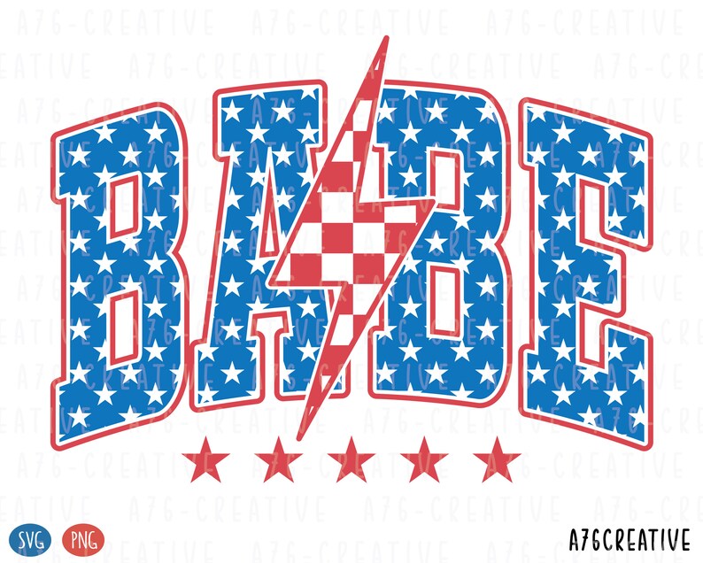 May include: A blue and red graphic with the word "BABE" in white letters. The letters are outlined in red and filled with a pattern of white stars on a blue background. A red and white checkered lightning bolt is behind the word.
