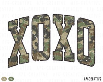 May include: A distressed, camouflage-patterned graphic with the letters "XOXO" in a bold, black font.