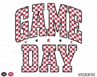 May include: Red and white checkered graphic with the text "GAME DAY" in black outlined letters. The graphic has a distressed look.