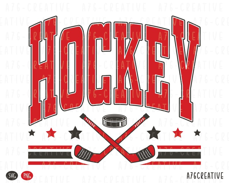 K&ouml;nnte beinhalten: Rotes und wei&szlig;es Grafikdesign mit dem Wort "HOCKEY" in gro&szlig;en Buchstaben. Das Design umfasst gekreuzte Hockeyschl&auml;ger, einen Puck, Sterne und gestreifte Elemente, f&uuml;r Sportfans.