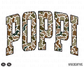 May include: The word "POPI" in a distressed font, filled with a camouflage pattern of brown, green, and tan. The letters have a black outline and a slightly worn appearance, set against a white background.