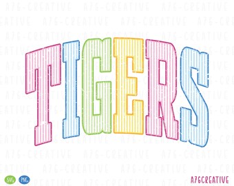 Colorful Stripe Tigers Design, Varsity Mascot Word Design, Sublimation Shirt, Team Spirit Digital Download PNG SVG