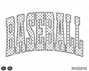 May include: A black and white graphic design featuring the word "BASEBALL" in a bold, arched font. The letters are filled with a polka dot pattern, and the design has a distressed, vintage look. The image includes "SVG" and "PNG" icons.