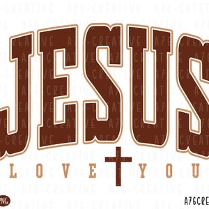 Pode incluir: Design gr&aacute;fico marrom e bege com a palavra "JESUS" em letras grandes e em negrito com uma cruz embaixo e as palavras "LOVE YOU" abaixo da cruz.