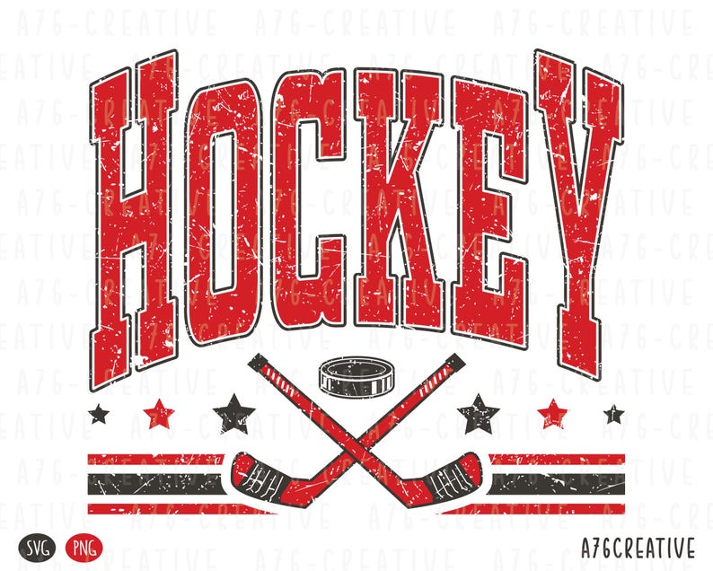 K&ouml;nnte beinhalten: Ein rotes "HOCKEY"-Grafikdesign mit gekreuzten Hockeyschl&auml;gern, einem Puck, Sternen und Streifen. Das Design enth&auml;lt den Text "A76-CREATIVE" und ist in SVG- und PNG-Formaten verf&uuml;gbar.