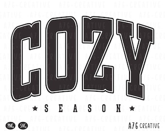 May include: Black and white graphic design with the text "Cozy Season" in a bold, varsity-style font.