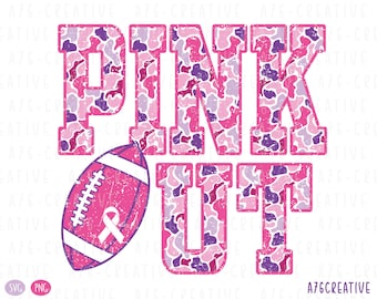 May include: Pink Out graphic with a football and a pink ribbon. The words "PINK OUT" are in large, block letters with a camouflage pattern in shades of pink, purple, and white. The football is pink with white laces and a pink ribbon.
