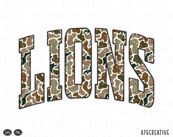 Retro Camo Lions Design, Varsity Mascot Word Design, Sublimation Shirt, Team Spirit Digital Download PNG SVG