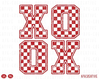 Puede incluir: Diseño "XO XO" a cuadros rojos y blancos con un aspecto vintage desgastado. Las letras están delineadas en rojo con un patrón de cuadros blancos en el interior. La imagen incluye iconos "SVG" y "PNG".