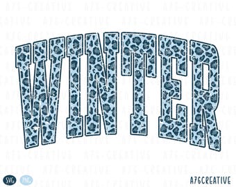 May include: A digital graphic with the word "WINTER" in large, distressed, block letters. The letters are filled with a blue leopard print pattern and outlined in white. The bottom of the word is curved.
