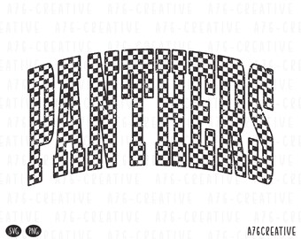 May include: The word PANTHERS is written in a bold, arched, collegiate-style font. Each letter features a black and white checkered pattern with a distressed, weathered texture throughout the design, giving it a vintage, worn appearance.