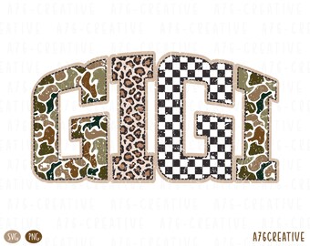 May include: The word "GIGI" in a distressed font, with each letter featuring a different pattern. The letters are outlined in a tan color. The first letter is camouflage, the second is leopard print, the third is a black and white checkerboard, and the last is camouflage.