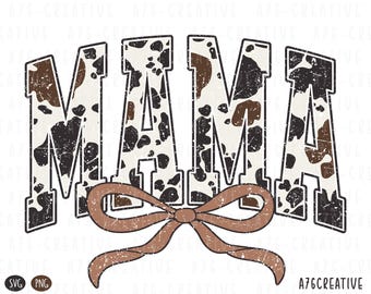 Retro Varsity Mama Cow Print Coquette Design , Western Mama Bow Animal Print Sublimation Shirt SVG & PNG (Digital Download)