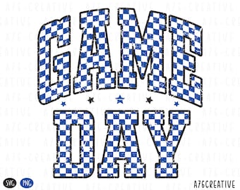 May include: A blue and white checkered graphic with the text "GAME DAY" in a vintage style font. The graphic has a distressed look with a white background.