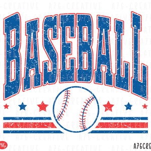 May include: A vintage-style baseball graphic with the word "BASEBALL" in blue with a red outline. The graphic features a white baseball with red stitching, three red stars, and three blue stars. The graphic is set against a white background with red and blue stripes.