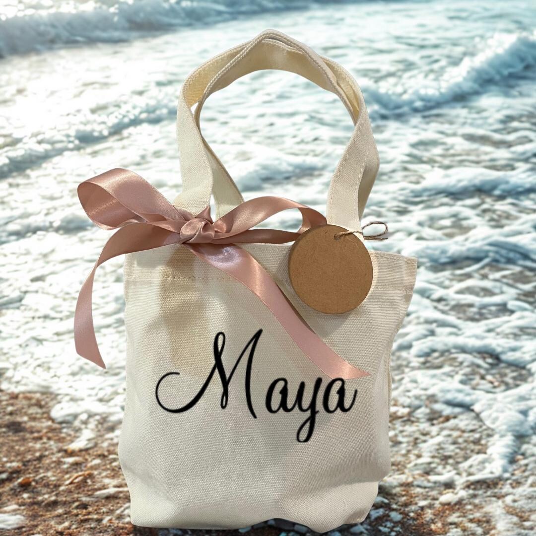 Personalized Mini Canvas Tote Bag: DIY Gift Tag, Mauve Ribbon - Etsy