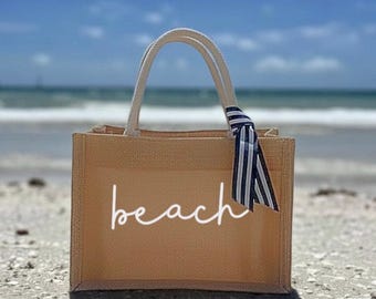 Mini Burlap Tote Bag with Nautical Ribbon: Nautical Bridesmaid Bag, Beachy Mini Tote Purse, Hamptons Mini Tote