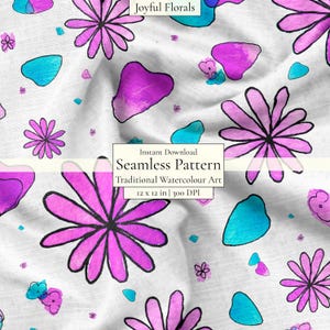 Tiled Floral Pattern | Repeated Print | Purple & Blue Digital Daisy Papers | Seamless Pattern for Fabrics
