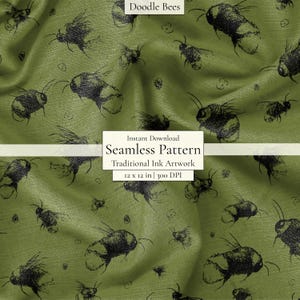 Hand Drawn Bee Seamless Pattern – Olive Green Repeated Print Digital Paper for Fabric & Journals