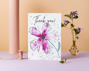 Thank You Greeting Card Original Print, Floral and Pink Watercolour Flower