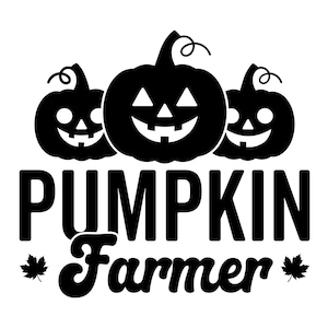Op de afbeelding: Zwart-witte illustratie van drie pompoenen met jack-o'-lantern gezichten. De tekst "Pumpkin Farmer" staat onder de pompoenen.