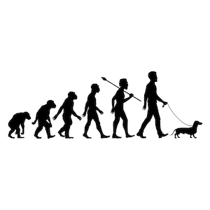 May include: Black silhouette graphic depicting the evolution of man, culminating in a person walking a dachshund on a leash. The figures progress from ape-like to modern human form, with a spear in the middle.