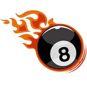 Puede incluir: Una bola de billar negra y blanca con el número 8 en ella, sobre un fondo de llamas naranjas.