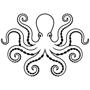 Può includere: Un disegno in bianco e nero di un polpo con otto tentacoli. Il polpo è rivolto in avanti con gli occhi visibili.