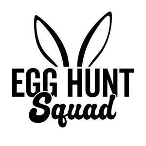 Puede incluir: Diseño gráfico en blanco y negro con una silueta de oreja de conejo y el texto "Egg Hunt Squad".