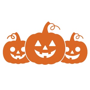 May include: Three orange jack-o'-lanterns with smiling faces and curly stems. The pumpkins are a solid orange color with white cut-out eyes, noses, and mouths. The image is set against a white background, perfect for Halloween.