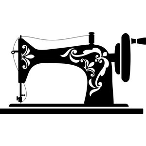 May include: A black silhouette of a vintage sewing machine with a floral design on the side. The machine has a foot pedal and a needle.