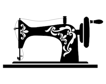 May include: A black silhouette of a vintage sewing machine with a floral design on the side. The machine has a foot pedal and a needle.