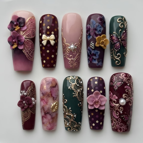 Vintage Orchid Butterfly Press On Nails | Burgundy Green 3D Floral Nails | Gold Filigree Gothic Handmade Fake Nails | Dark Romantic Art