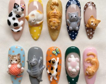 Kawaii Cat Press On Nails | French Tip 3D Kitty Nail Set | Cute Handmade Reusable Glue On False Nails