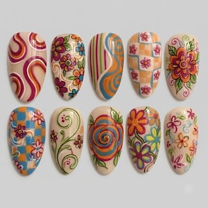 Retro Press On Nails | Groovy Floral Nails | Colorful 70s Nail Art | Hippie Flower Nails | Handmade Fake Nails