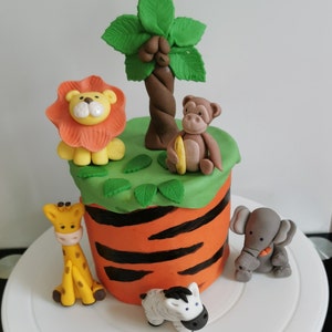 Jungle Animals Cake Topper: Lion, Elephant, Giraffe, Zebra, Monkey, 1 Palm, and Leaves -  Birthday,