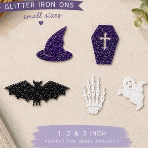 Halloween Glitter Iron Ons, Bat Coffin Witch Hat Skeleton Ghost Patches