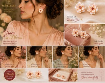 May include: A pair of stud earrings shaped like pale pink flowers with layered petals and a small dark red center. The earrings are shown worn on an ear, displayed on a soft fabric surface, and inside a small rectangular jewelry box.