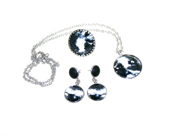Jewelry set 3-piece, black/white, medallion pendant, stainless steel chain, ring, earrings, glass cabochon jewelry, gift for her