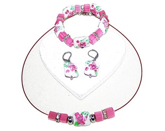 Rose Pearl Jewelry Set 3-piece pink roses, flower jewelry, necklace, earrings, bracelet, women&#39;s jewelry, gift, Christmas, birthday