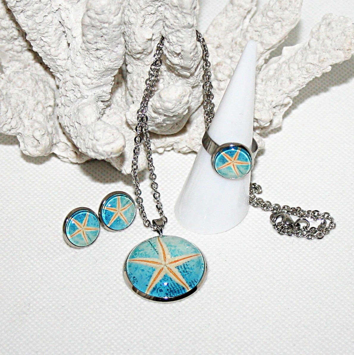 Jewelry set "Starfish" women's jewelry, 3-piece, glass cabochon jewelry, gift for her